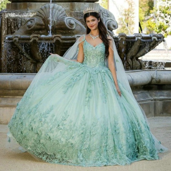 Mint Green Vestido De 15 Anos Princess XV Quinceanera Dresses With Cape Butterfly Applique Beadig Sweet 16 Prom Gowns