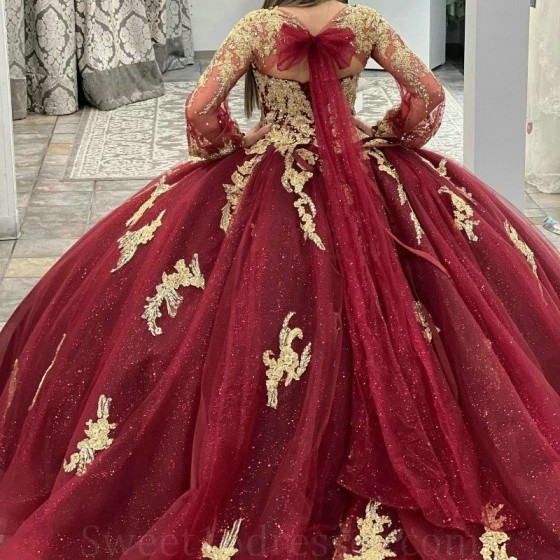 O-Neck Ball Gown Red Quinceanera Dress Golden Lace Applique Long Train XV Princess Vestidos De 15 Anos Birthday Sweet 16 Dress