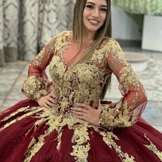 O-Neck Ball Gown Red Quinceanera Dress Golden Lace Applique Long Train XV Princess Vestidos De 15 Anos Birthday Sweet 16 Dress