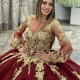 O-Neck Ball Gown Red Quinceanera Dress Golden Lace Applique Long Train XV Princess Vestidos De 15 Anos Birthday Sweet 16 Dress