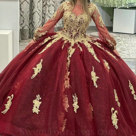 O-Neck Ball Gown Red Quinceanera Dress Golden Lace Applique Long Train XV Princess Vestidos De 15 Anos Birthday Sweet 16 Dress