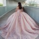 O Neck Pink Shiny Quinceanera Dresses Mexican Lace 3D Flower Beads Puffy Ball Gowns Applique Luxury Vestidos 15 De