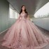 O Neck Pink Shiny Quinceanera Dresses Mexican Lace 3D Flower Beads Puffy Ball Gowns Applique Luxury Vestidos 15 De