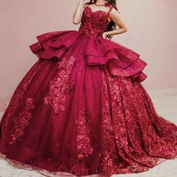 O Neck Red Quinceanera Dress Off The Shoulder Crystal Ball Gown Appliques Lace Beads Flower Corset Sweet 15 Vestidos De