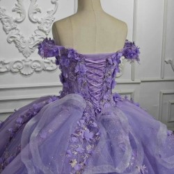 Off Shoulder Ball Gown Lavender Quinceanera Dresses 3D Flower Applique Sweet 16 15 Birthday Dress Vestido De 15 Anos Pageant