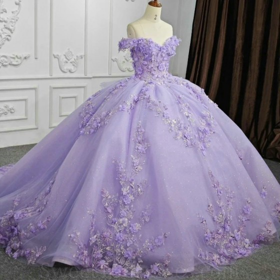 Off Shoulder Ball Gown Lavender Quinceanera Dresses 3D Flower Applique Sweet 16 15 Birthday Dress Vestido De 15 Anos Pageant