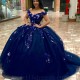 Off Shoulder Ball Gown Navy Blue Quinceanera Dresses 3D Flower Applique Sweet 16 15 Birthday Dress Vestido De 15 Anos