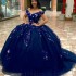 Off Shoulder Ball Gown Navy Blue Quinceanera Dresses 3D Flower Applique Sweet 16 15 Birthday Dress Vestido De 15 Anos