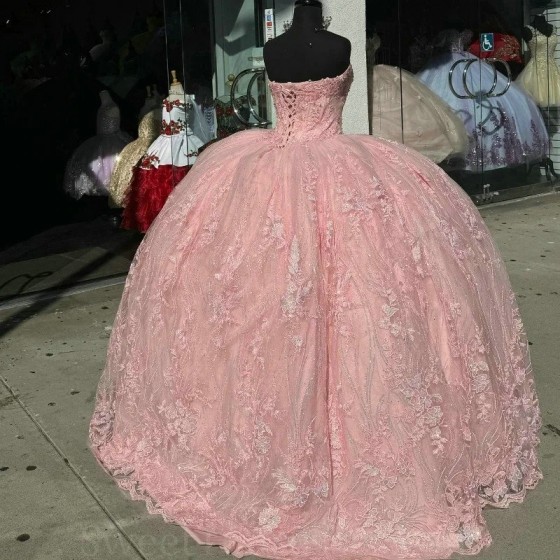 Off Shoulder Ball Gown Pink Quinceanera Dresses Applique Lace Beads Sweet 16 15 Birthday Dress Vestido De 15 Anos