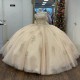 Off Shoulder Champagne Quinceanera Dresses Bead Appliques Lace Sweetheart Vestidos De 15 Quinceaneras Ball Gown