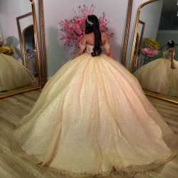 Off Shoulder Champagne Shiny Quinceanera Dress Straps Sweet 16 Years Gowns Birthday Party Princess Puffy Ball Gown Formal Vestid