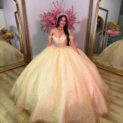 Off Shoulder Champagne Shiny Quinceanera Dress Straps Sweet 16 Years Gowns Birthday Party Princess Puffy Ball Gown Formal Vestid