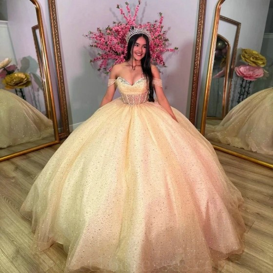 Off Shoulder Champagne Shiny Quinceanera Dress Straps Sweet 16 Years Gowns Birthday Party Princess Puffy Ball Gown Formal Vestid