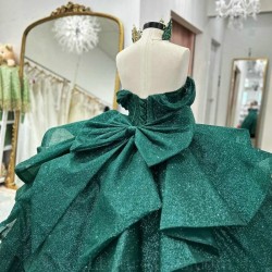 Off Shoulder Emerald Green Quinceanera Dresses Ball Gown Crystal Tulle Formal Princess Birthday Party Vestidos De 15 Anos