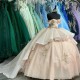 Off Shoulder Light Champagne Shiny Quinceanera Dress Prom Dress Floral Applique Princess Dress Lace Sweet 15 Year Old Party Dress