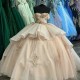 Off Shoulder Light Champagne Shiny Quinceanera Dress Prom Dress Floral Applique Princess Dress Lace Sweet 15 Year Old Party Dress