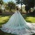 Off Shoulder Light Green Glittered Quinceanera Dress Gold Applique Lace With Cape Long Sleeved Vestidos Prom Vestidos De Baile