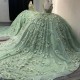 Off Shoulder Mint Green Princess Quinceanera Dresses 3D Floral Beads Tull Ball Gown Coset vestido 15 quinceanera dorado Sweet 16