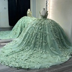 Off Shoulder Mint Green Princess Quinceanera Dresses 3D Floral Beads Tull Ball Gown Coset vestido 15 quinceanera dorado Sweet 16