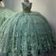 Off Shoulder Mint Green Princess Quinceanera Dresses 3D Floral Beads Tull Ball Gown Coset vestido 15 quinceanera dorado Sweet 16