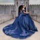 Off Shoulder Navy Blue Princess Quinceanera Dress Lace Applique Beading Tull Sweet 16 Birthday Party Gown Vestidos De 15 Anos