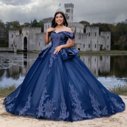 Off Shoulder Navy Blue Princess Quinceanera Dress Lace Applique Beading Tull Sweet 16 Birthday Party Gown Vestidos De 15 Anos