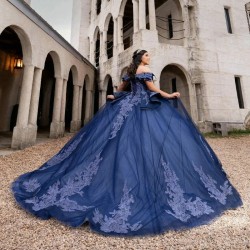 Off Shoulder Navy Blue Princess Quinceanera Dress Lace Applique Beading Tull Sweet 16 Birthday Party Gown Vestidos De 15 Anos