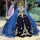 Off Shoulder Navy Blue Quinceanera Dress Gold Appliques Flowers Bow Party Princess Sweet 16 Ball Gown Vestidos De 15 Anos