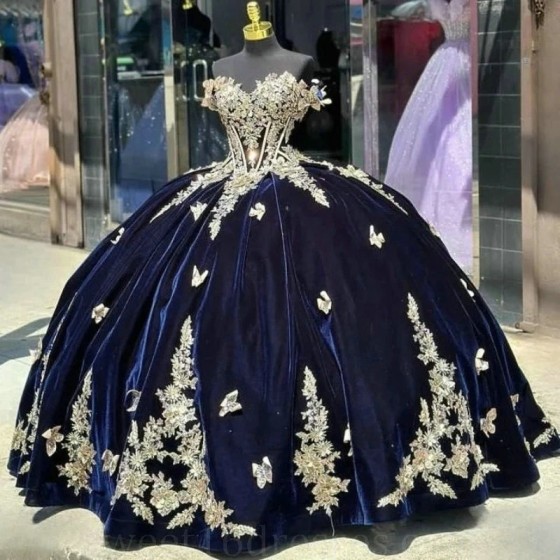 Off Shoulder Navy Blue Quinceanera Dress Gold Appliques Flowers Bow Party Princess Sweet 16 Ball Gown Vestidos De 15 Anos