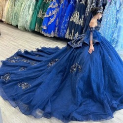 Off Shoulder Navy Blue Quinceanera Dresses Ball Gown Sweet 16 Dress Beading Appliques Lace Sequins Birthday Party Gowns