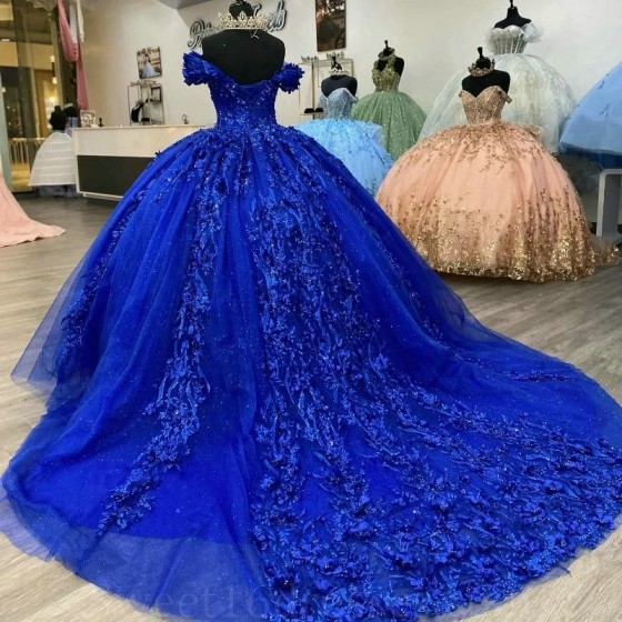 Off Shoulder Navy Blue Shiny Sweet 16 Quinceanera Dress Appliquéd Lace Beads Ball Gown Princess Party Birthday Dress Vestidos 15