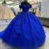 Off Shoulder Navy Blue Shiny Sweet 16 Quinceanera Dress Appliquéd Lace Beads Ball Gown Princess Party Birthday Dress Vestidos 15