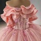 Off Shoulder Pink Gillter Princess Quinceanera Dresses Applique Lace Beads Tull Lace-up Corset Sweet 16 Ball Gown Vestidos De 15