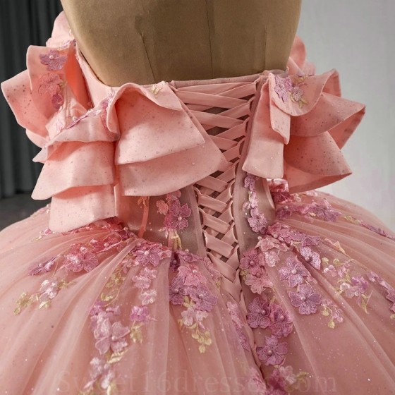 Off Shoulder Pink Gillter Princess Quinceanera Dresses Applique Lace Beads Tull Lace-up Corset Sweet 16 Ball Gown Vestidos De 15