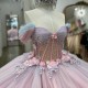 Off Shoulder Pink Quinceanera Dress Applique Lace Beaded Crystal Tull Ball Gown Sweet 16 Corset Birthday Party Vestido De 15 Anos