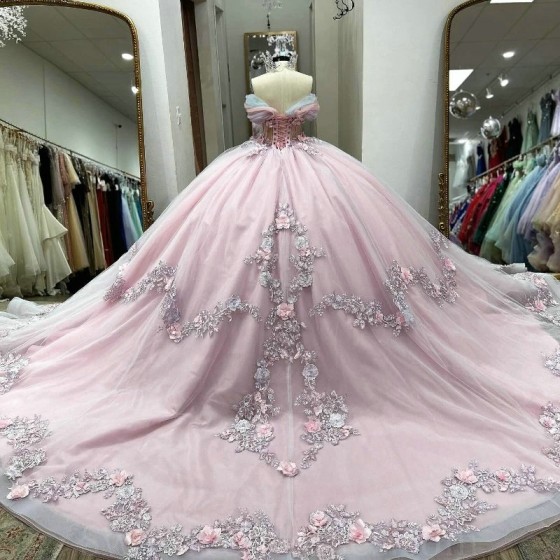 Off Shoulder Pink Quinceanera Dress Applique Lace Beaded Crystal Tull Ball Gown Sweet 16 Corset Birthday Party Vestido De 15 Anos