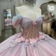 Off Shoulder Pink Quinceanera Dress Applique Lace Beaded Crystal Tull Ball Gown Sweet 16 Corset Birthday Party Vestido De 15 Anos