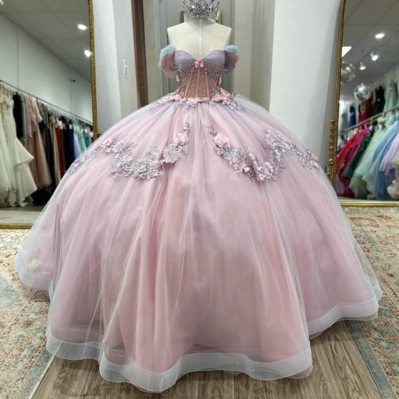 Off Shoulder Pink Quinceanera Dress Applique Lace Beaded Crystal Tull Ball Gown Sweet 16 Corset Birthday Party Vestido De 15 Anos