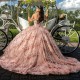 Off Shoulder Pink Quinceanera Dresses Ball Gown 3D Flower Beads Tull Corset Sweet 16 Dress Vestidos De 15 Anos