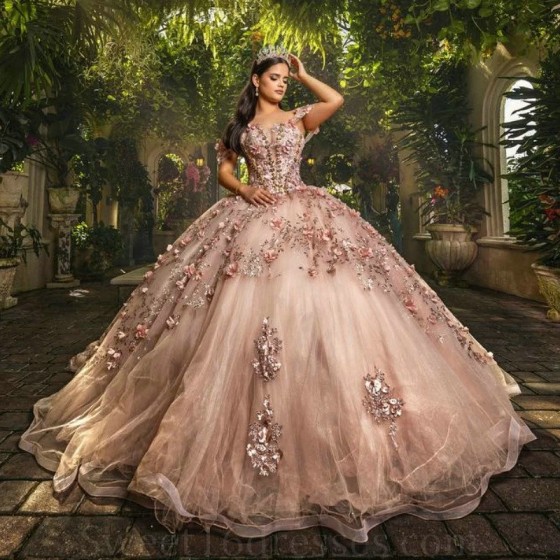 Off Shoulder Pink Quinceanera Dresses Ball Gown 3D Flower Beads Tull Corset Sweet 16 Dress Vestidos De 15 Anos