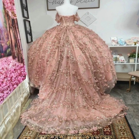 Off Shoulder Pink Quinceanera Dresses for Teens Vestidos De 15 Anos Quinceaneras Ball Gown Tulle 3D Appliques Beads Sweet