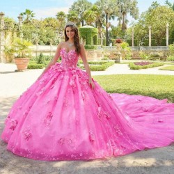 Off Shoulder Pink Shiny Ball Gown Quinceanera Dresses Appliques Handmade Flowers Beads Tull Corset Vestido De 15 Anos