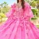 Off Shoulder Pink Shiny Ball Gown Quinceanera Dresses Appliques Handmade Flowers Beads Tull Corset Vestido De 15 Anos