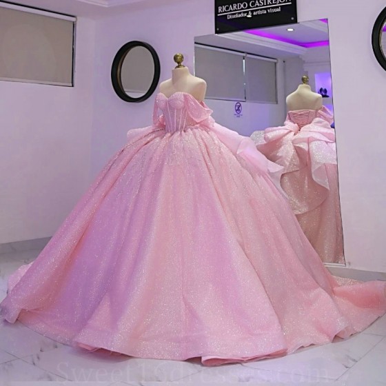 Off Shoulder Pink Shiny Princess Ball Gown Quinceanera Dresses Beaded Crystals Tull Sweet 16 Prom Party Gown Vestido De 15 Anos