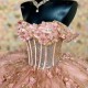 Off Shoulder Pink Shiny Quinceanera Dress for Girls Sweep Train Gold Applique Lace Flower Beads Formal Dress