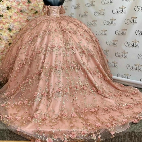 Off Shoulder Pink Shiny Quinceanera Dress for Girls Sweep Train Gold Applique Lace Flower Beads Formal Dress