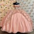 Off Shoulder Pink Shiny Quinceanera Dress for Girls Sweep Train Gold Applique Lace Flower Beads Formal Dress