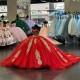 Off Shoulder Red Quinceanera Dress Princess Gold Applique Beads With Cape Prom Ball Gown Sweet 16 XV Years Old