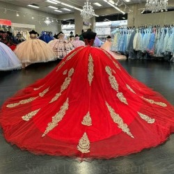 Off Shoulder Red Quinceanera Dress Princess Gold Applique Beads With Cape Prom Ball Gown Sweet 16 XV Years Old