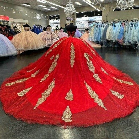 Off Shoulder Red Quinceanera Dress Princess Gold Applique Beads With Cape Prom Ball Gown Sweet 16 XV Years Old